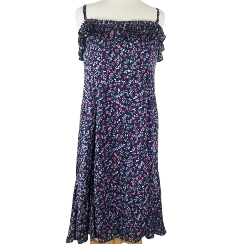 J.Crew Ruffle Stretch Silk Midi Dress Size 14 Wisp Floral Print Pleated